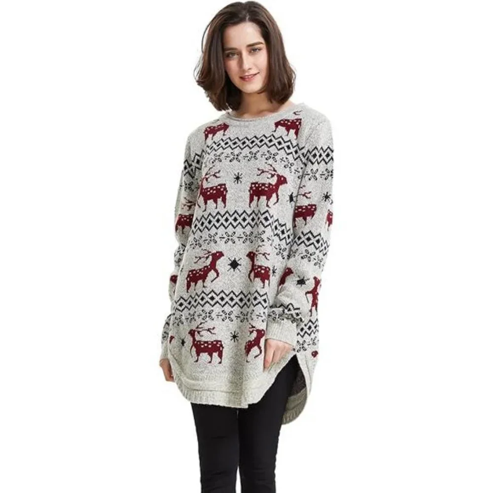 Women's Reindeer Snowflake Midi Pullover Sweater Jumper, Beige